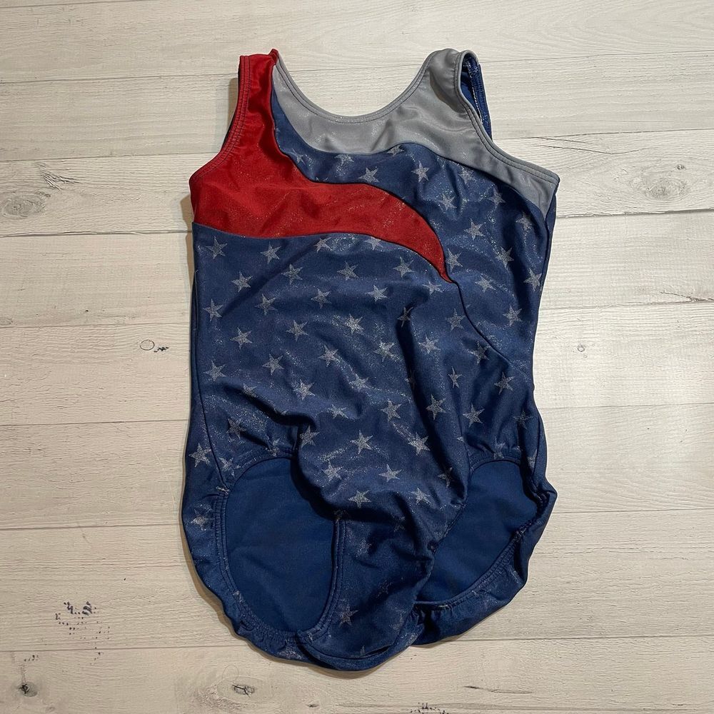 Motionwear red white blue leotard child large 12/14